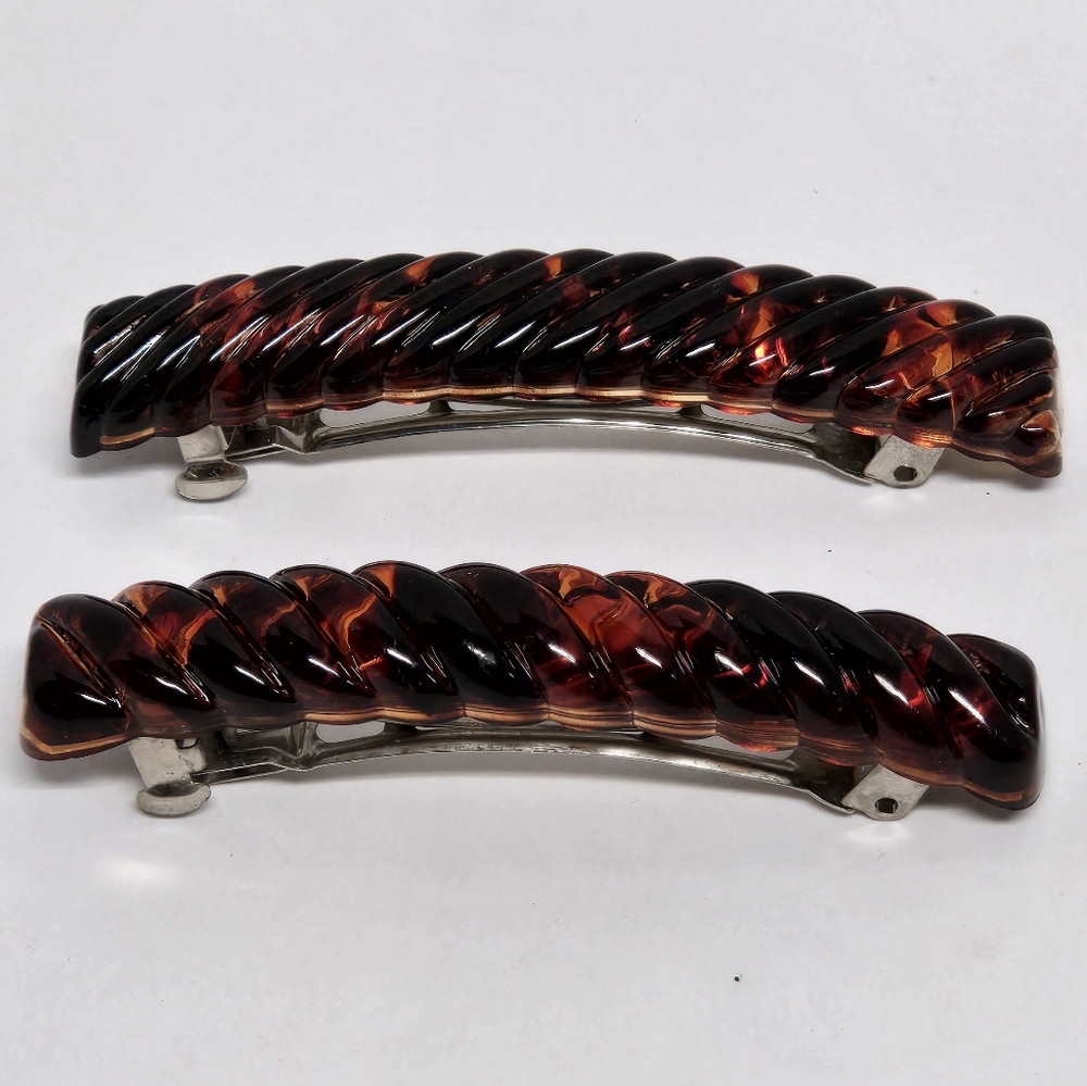 Vintage Set of 2 Faux Tortoise Patterned Hair Clips 3 1/4" X 5/8"